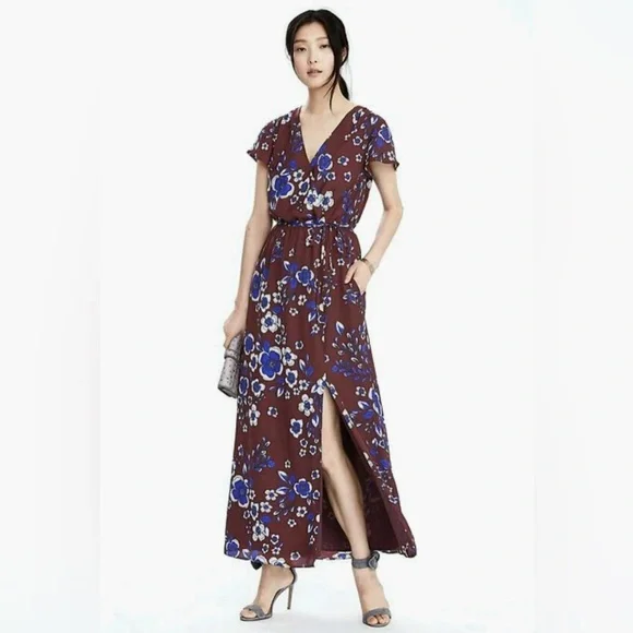 Banana Republic Burgandy Blue Floral Faux Wrap V-Neck Maxi Dress Size S - Picture 4 of 10